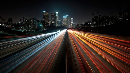 Night cityscape with a highway of blurred light trails