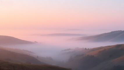 Misty Valley at Dawn with Soft Pink and Orange Sky