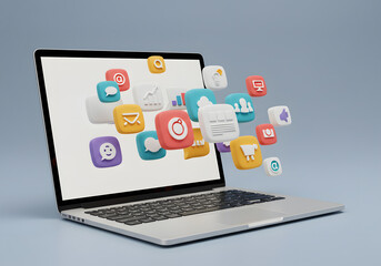 Laptop displaying a variety of app icons illustrating modern digital communication and online networking with seamless integration into daily technology use
