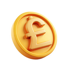 A single gold coin featuring the pound sterling symbol in close up view on transparent background
