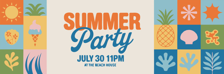 Colorful Summer Beach Party Announcement with Sun, Ice Cream, Pineapple, and July 30th Date