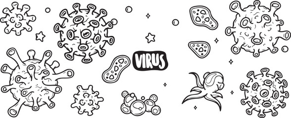 Virus and Germs Doodle Set – Virus, Bacteria, Germs, Pandemic, Disease, Health, Mask, Microscopic, Science, Safety, Protection, Danger, Hand Drawn, Doodle Art, Black and White, Infection, Flu, Immunit
