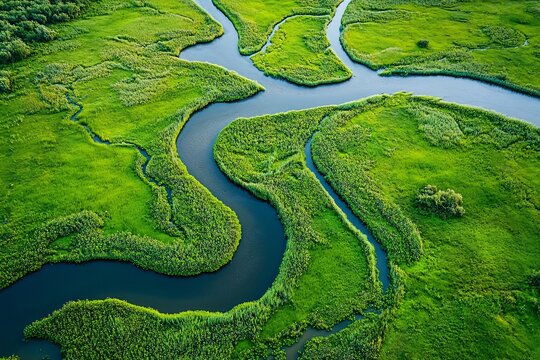 Aerial view of winding river through green marshland