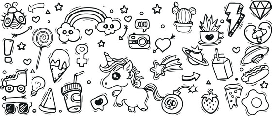 Fantasy and Magic Doodle Set – Unicorn, Rainbow, Stars, Crown, Magic Wand, Cloud, Cute Character Icons, Fairy Tale Style, Dream Theme Illustration, Black and White Vector, Magical Creatures, Childlike