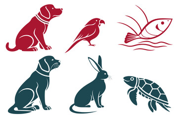 Collection of stylized animal silhouettes including dogs, parrot, fish, rabbit, and turtle