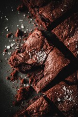 Close-up of dark chocolate brownies, sliced and sprinkled with salt