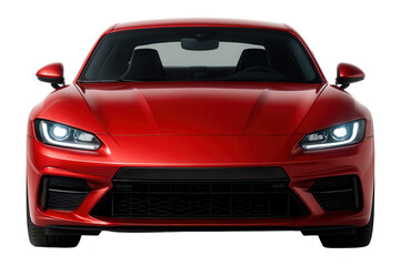Front view of a sleek red sports car with sharp headlights and a modern aerodynamic design on transparent background.