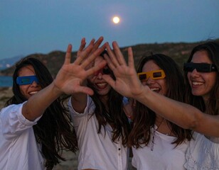 Group in Sunglasses Viewing Solar Eclipse