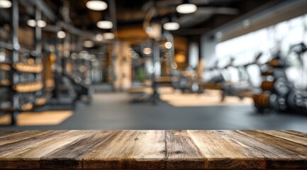 Empty wooden table in a blurred gym interior