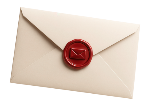 Elegant beige envelope sealed with a red wax seal featuring a mail icon on transparent background.