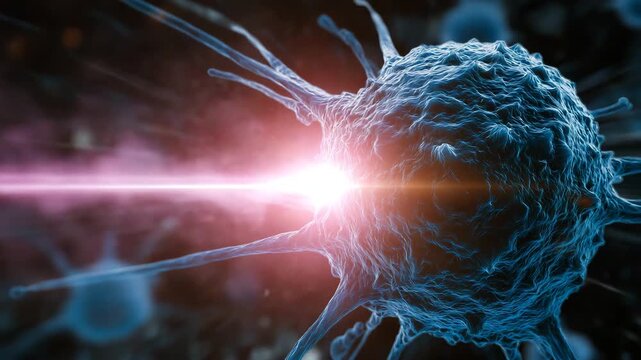 Blue cell with a pink line coming out of it. The cell is surrounded by other cells. infographic with cancer cell and laser icon, breaking symbol overlay, break cancer cells, targeted therapy
