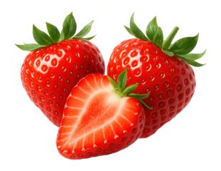Three fresh, ripe strawberries with green leaves, including one halved to show the juicy interior, on transparent background.