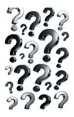 A collection of metallic question marks in various sizes floats against a white background, symbolizing inquiry, uncertainty, and curiosity.