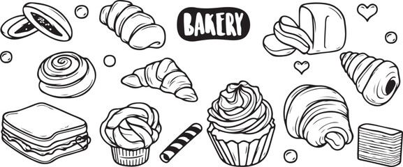 Croissants and Bakery Icons – Cupcakes, Donuts, Sweet Pastries, Monochrome Sketch, Cafe Theme, French Bakery, Hand Drawn Illustration, Black and White Line Art, Delicious Treats, Breakfast Doodle, Gou