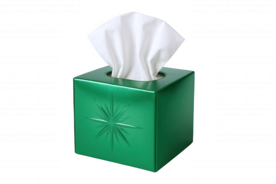 Shiny Emerald Green Tissue Box Holder with Embossed Starburst Design and White Tissues Emerging