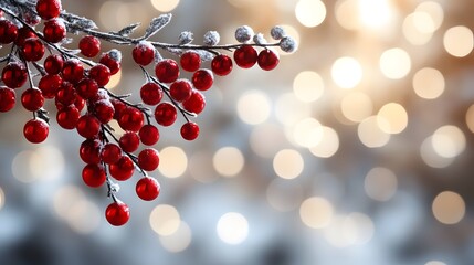 Winter berry branch adorned with frost and shimmering lights creates a festive atmosphere for the holiday season
