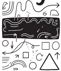 A set of abstract, hand-drawn elements in black and white, featuring lines, arrows, geometric shapes, and a central solid rectangle with abstract lines.