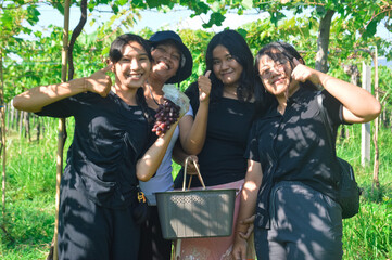 A cheerful close-up of four teen girls smiling warmly at the camera while holding up clusters of freshly picked grapes from the vineyard.