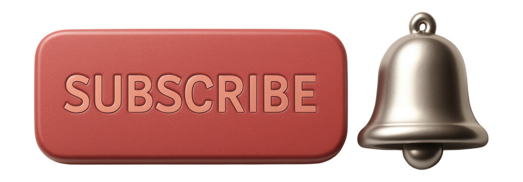 Red subscribe button with embossed text accompanied by a metallic notification bell icon, representing subscription and alert features in digital media contexts.
