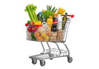 Classic silver chrome shopping cart with wheels, brimming with diverse fresh groceries including celery, apples, lettuce, oranges, and pantry items like spaghetti, juice, milk, isolated on a pure