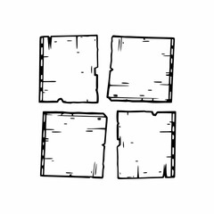 Four vintage rectangular wood planks with rough texture arranged in square layout on transparency background