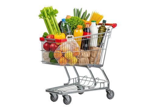 Classic silver chrome shopping cart with wheels, brimming with diverse fresh groceries including celery, apples, lettuce, oranges, and pantry items like spaghetti, juice, milk, isolated on a pure