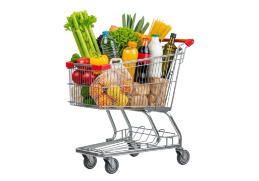 Classic silver chrome shopping cart with wheels, brimming with diverse fresh groceries including celery, apples, lettuce, oranges, and pantry items like spaghetti, juice, milk, isolated on a pure