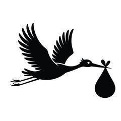 Silhouette of a stork carrying a baby in a bundle