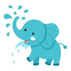 Baby elephant splashing water with its trunk animal vector icon on white background.