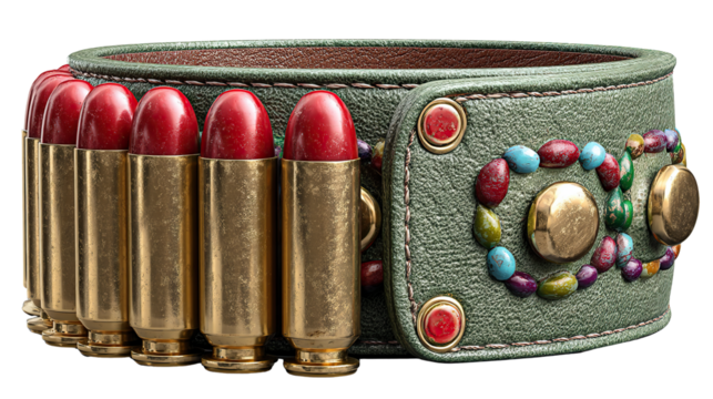 Bullet Bracelet: A leather bracelet adorned with vibrant bullets, showcasing an eccentric blend of fashion and unique design, perfect for those seeking an edgy style statement.