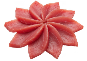 Fresh raw tuna slices arranged in a flower pattern isolated on transparent background