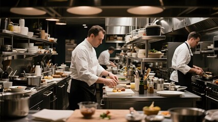 Chefs in a professional kitchen preparing dishes with precision and focus.