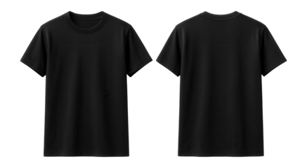 Black t-shirt with front and back view displayed showcasing simple short-sleeved design on transparent background.