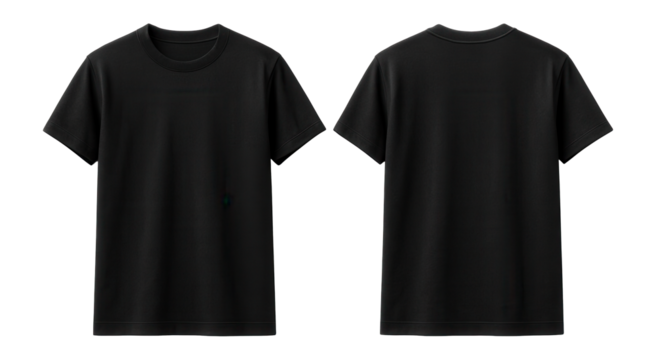 Black t-shirt with front and back view displayed showcasing simple short-sleeved design on transparent background.