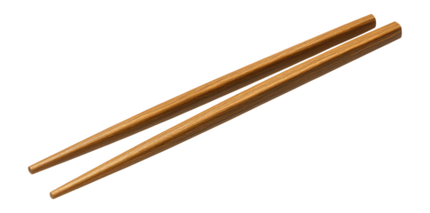 A pair of brown wooden chopsticks, smooth and cylindrical in shape, used for eating Asian cuisine, on transparent background.