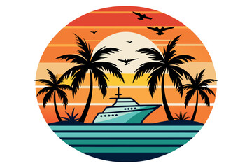 Tropical sunset with palm trees, cruise ship, and birds flying over the sea isolated on white background