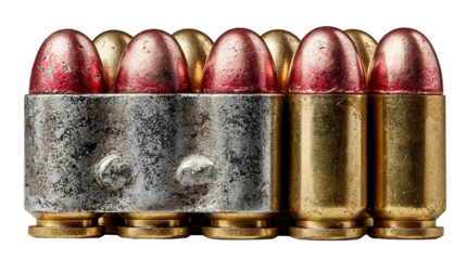 Close-up of 9mm Ammunition: A detailed shot of metallic 9mm ammunition, with attention to the casing and bullet. Showing both used and new ammunition in a realistic perspective. 