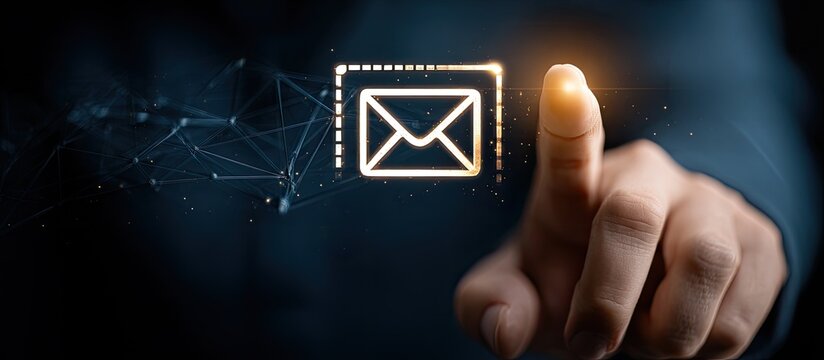 A hand interacts with a glowing email icon overlayed on a network of lines and dots