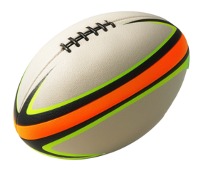 Rugby ball with vibrant orange and green stripes and black stitching on transparent background.