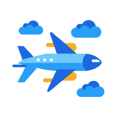 Blue airplane flying in clouds vector on white background.