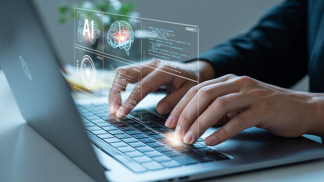A businessman using AI for data analysis, coding with a digital brain, and applying machine learning on a virtual screen for business intelligence. laptop computer with binary code on screen