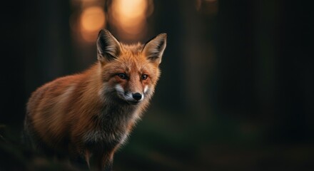 Obraz premium A sly fox steps cautiously out of the shadowy forest