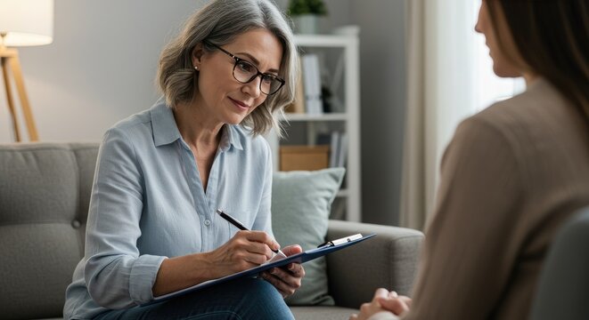 Therapist jotting down notes during a counseling session