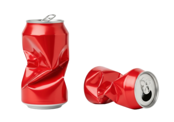 Two severely crumpled red aluminum beverage cans, one standing and one lying, with intact silver pull-tabs, isolated on a pristine transparent background with abundant copy space, clean shadowless