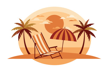 Beach chair and umbrella on a tropical beach at sunset isolated on white background in vector format