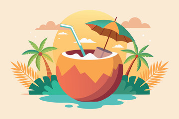 Coconut drink with straw and umbrella on a tropical beach with palm trees isolated on white background