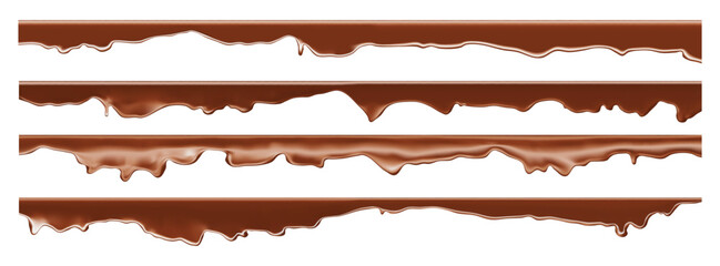 Chocolate melt drip with creamy splash effect and liquid flow texture. Realistic 3D cocoa syrup pattern for dessert border or cake design. Caramel swirl or sweet candy wave for food illustration.