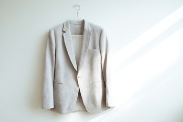 Light beige blazer on hanger against white wall. Sunlight highlights the fabric