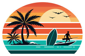 Vintage sunset beach scene with palm trees, surfboard, fisherman, and boat isolated on white background