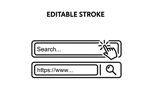 Modern Line Art Web Search Bar Icon:  Finger Clicking Search Box and URL Field, Editable Stroke.